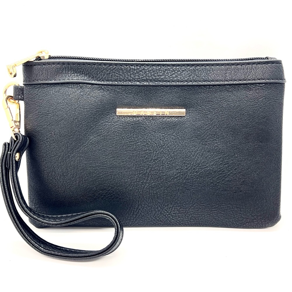 Dasein Black Faux Leather Wristlet Clutch Wallet Gold Tone Logo Zip Top Pouch